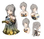  1girl armor armored_dress bare_shoulders blue_dress blunt_bangs braid chest_protector chinese_commentary coat collarbone commentary dress flat_chest gradient_dress grey_eyes grey_hair halter_dress halterneck highres hood hood_up hooded_coat light_blush liuxiao_suansuanyu long_hair looking_at_viewer mechanical_arms multicolored_clothes multicolored_dress multiple_views nanami:_pulse_(punishing:_gray_raven) nanami_(punishing:_gray_raven) polka_dot polka_dot_dress ponytail punishing:_gray_raven shark-speare_(punishing:_gray_raven) side_braid simple_background spare_tire stuffed_animal stuffed_shark stuffed_toy upper_body wheel white_background yellow_coat yellow_dress 