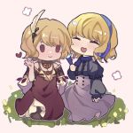  2girls blonde_hair chibi citrinne_(fire_emblem) constance_von_nuvelle dress feather_hair_ornament feathers fire_emblem fire_emblem:_three_houses fire_emblem_engage garreg_mach_monastery_uniform hair_ornament hairband highres jewelry manymanylilies multiple_girls necklace open_mouth red_eyes short_hair simple_background white_background 