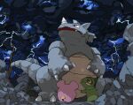  animal_focus aomon_(yuuji7604) axew black_cloud claws cloud colored_skin commentary_request fangs green_skin highres horns lightning no_humans open_mouth pokemon pokemon_(creature) purple_skin red_eyes rhydon rock single_horn tail whismur 