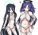  2girls absurdly_long_hair aqua_halo aran_legwear aris_(blue_archive) black_hair blue_archive blue_eyes cable_knit detached_sleeves frown garter_straps hair_between_eyes halo highres long_hair looking_at_viewer mechanical_halo multiple_girls one_side_up panties parted_bangs purple_eyes purple_hair ribbed_panties ribbed_sleeves ribbed_sweater ribbed_thighhighs ringed_eyes side-tie_panties sidelocks sleeveless sleeveless_sweater sleeveless_turtleneck smile square_halo sweatdrop sweater tenten_(chan4545) thick_thighs thighhighs thighs turtleneck turtleneck_sweater two_side_up underwear very_long_hair virgin_destroyer_sweater white_garter_straps white_panties white_sweater yuuka_(blue_archive) 