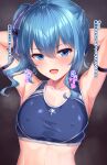  1girl :d armlet armpits arms_behind_back black_background blue_eyes blue_hair blue_ribbon blue_tank_top breasts collarbone covered_nipples dot_nose hair_ribbon hololive hoshimachi_suisei kuragari looking_at_viewer open_mouth ribbon short_hair side_ponytail simple_background small_breasts smile solo star_(symbol) star_in_eye star_print steaming_body sweat symbol_in_eye tank_top translation_request upper_body virtual_youtuber 