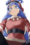  1girl absurdres belt blue_eyes blue_hair blush boku_no_hero_academia breasts bright_pupils dress eyewear_on_head fengling_(furin-jp) hadou_nejire hat highres large_breasts long_hair looking_at_viewer looking_down pantyhose santa_costume santa_dress santa_hat simple_background solo white_background white_pupils 