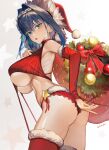  1girl absurdres ass bare_shoulders blue_eyes blue_hair blush breasts christmas fang hair_intakes hat highres hololive hololive_english large_breasts looking_at_viewer open_mouth ouro_kronii santa_hat santafe99 short_hair solo thighs virtual_youtuber white_background 