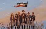  1girl 5boys black_footwear blue_coat brown_hair coat dream_smp flag fundy_(youtuber) hat headphones heinzdraws highres jack_manifold long_hair looking_at_viewer military_uniform multiple_boys nihachu pants real_life sky sunset tommyinnit tubbo uniform white_pants wilbur_soot 