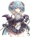  aoiyamagi4 bat_wings black_gloves black_skirt blue_hair blush breasts brown_eyes brown_hair cape chain cleavage demon_horns elbow_gloves gloves gradient_hair hair_between_eyes horns lapis_(sennen_sensou_aigis) large_breasts looking_at_viewer multicolored_hair sennen_sensou_aigis simple_background skirt solo twintails two-tone_hair white_background white_neckwear wings wrist_cuffs 