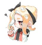  1girl adjusting_hair black_bow black_hairband blonde_hair bow commentary_request ear_piercing hairband jacket letterman_jacket medium_hair myon_rio octoling octoling_girl piercing pointy_ears pout red_eyes simple_background solo splatoon_(series) squiggle tentacle_hair upper_body white_background 