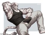 amon-sydonai anthro arknights armpit_hair balls barazoku big_muscles bodily_fluids body_hair bottomwear bulge clothed clothing erection felid fur genital_fluids genitals hair hand_behind_head hi_res hypergryph looking_at_viewer male mammal mountain_(arknights) muscular open_bottomwear open_clothing open_pants pantherine pants pecs penis precum precum_through_clothing shirt solo striped_body striped_fur stripes studio_montagne tank_top tenting tiger topwear underwear wet wet_clothing white_body white_fur white_hair