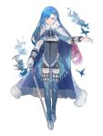  1boy alba_alfurira blue_cape blue_hair cane cape dairoku_ryouhei full_body fur_trim gradient_hair long_hair long_sleeves looking_at_viewer multicolored_hair red_nails roo_(tw6) solo standing transparent_background 