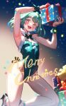  1girl armpits breasts christmas confetti dongchuan english_text frilled_wrist_cuffs gift gradient_background gradient_hair green_hair high_heels highres hololive kneeling leotard medium_hair multicolored_hair open_mouth pom_pom_(clothes) red_eyes small_breasts smile teeth upper_teeth_only uruha_rushia 