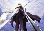  1girl armor armored_dress blonde_hair braid capelet cloud cloudy_sky fate/apocrypha fate/grand_order fate_(series) flag gauntlets headpiece highres holding holding_flag holding_polearm holding_weapon jeanne_d&#039;arc_(fate) jeanne_d&#039;arc_(ruler)_(fate) kitsuneharmony long_braid looking_to_the_side polearm purple_eyes sky solo sword thighhighs weapon 