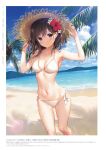  1girl bare_shoulders bikini blush breasts brown_eyes brown_hair closed_mouth collarbone flower hibiscus highres long_hair looking_at_viewer medium_breasts mignon navel ocean original simple_background smile solo stomach swimsuit water 