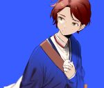  1girl blue_background blue_shirt brown_hair co1d_07 egg frown green_eyes holding holding_egg long_sleeves looking_to_the_side mole mole_under_eye sawaki_momoe school_uniform shirt short_hair solo upper_body wonder_egg_priority 