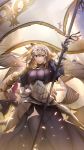  armor armored_dress banner black_legwear blonde_hair braid breasts bridal_gauntlets closed_mouth fate/apocrypha fate_(series) flag gauntlets gloves hair_ribbon headpiece highres jeanne_d'arc_(fate) jeanne_d'arc_(fate)_(all) looking_at_viewer no-kan purple_eyes ribbon single_braid skirt standing yellow_background 