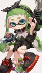  1girl absurdres aqua_eyes black_bow black_footwear black_hairband bow closed_mouth cross-laced_footwear full_body green_hair gun hairband highres holding holding_gun holding_weapon inkling inkling_girl invisible_chair long_hair myon_rio pointy_ears shoes simple_background sitting smile solo splat_bomb_(splatoon) splatoon_(series) splatoon_2 splattershot_(splatoon) tentacle_hair thick_eyebrows weapon white_background 