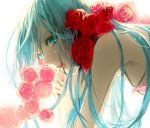  alternate_hairstyle armpits bare_shoulders blue_eyes blue_hair close-up crying crying_with_eyes_open expressionless eyelashes face flower g.g.lemon hands_together hatsune_miku long_hair looking_away pink_flower pink_rose red_flower red_rose rose simple_background solo tears upper_body vocaloid white_background 