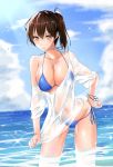  bare_shoulders batabata0015 bikini blue_bikini blue_sky breasts brown_eyes brown_hair cleavage collarbone commentary day highres kaga_(kantai_collection) kantai_collection large_breasts long_hair looking_at_viewer navel ocean outdoors see-through shirt side-tie_bikini side_ponytail sky smile solo swimsuit wet wet_clothes wet_shirt 