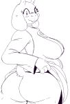  2018 4_fingers aliasing belly big_breasts big_butt black_and_white boss_monster breasts butt butt_focus caprine clothed clothing clothing_aside clothing_lift digital_drawing_(artwork) digital_media_(artwork) eyelashes fangs female floppy_ears half-length_portrait horn huge_breasts looking_at_viewer looking_back mammal monochrome no_underwear overweight overweight_female portrait presenting presenting_hindquarters rear_view robe short_tail side_boob simple_background smile snout solo standing thick_thighs toriel undertale video_games white_background zombiesunlight 