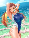  1girl ;q armpits arms_behind_head blonde_hair blue_one-piece_swimsuit blue_sky braid breasts cloud colored_inner_hair competition_swimsuit covered_navel day french_braid from_side ge_xi highleg highleg_swimsuit highres huge_breasts licking_lips lien_ai-chiang long_hair looking_at_viewer multicolored_hair ocean one-piece_swimsuit one_eye_closed orange_eyes orange_hair outdoors presenting_armpit sky smile solo swimsuit tongue tongue_out very_long_hair waves wet white_one-piece_swimsuit witches_in_7th_base 