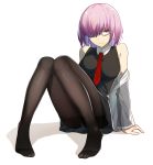  arm_support black-framed_eyewear black_dress black_legwear commentary dress fate/grand_order fate_(series) full_body glasses grey_jacket hair_over_one_eye highres jacket looking_at_viewer mash_kyrielight necktie no_shoes open_clothes open_jacket panties panties_under_pantyhose pantyhose purple_eyes purple_hair red_neckwear semi-rimless_eyewear short_dress short_hair simple_background sitting sleeveless sleeveless_dress smile solo toe_seam under-rim_eyewear underwear vic white_background 
