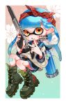  1girl :o absurdres aqua_background bandaid bandaid_on_leg bandana boots border commentary_request full_body gradient_background green_footwear gun highres holding holding_gun holding_weapon ink_tank_(splatoon) inkling inkling_girl long_hair myon_rio n-zap_(splatoon) orange_eyes pointy_ears red_background red_bandana sailor_collar sailor_shirt shirt solo splatoon_(series) splatoon_2 tentacle_hair two-tone_background watermark weapon white_border 