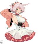  1girl absurdres ahoge armpits black_gloves blush bracelet breasts clover collar cowboy_shot dress elphelt_valentine fingerless_gloves four-leaf_clover frilled_dress frills gloves green_eyes guilty_gear guilty_gear_strive hairband highres huge_ahoge jacket jewelry l4wless large_breasts looking_to_the_side pink_dress pink_hairband pink_jacket short_hair sideboob smile spiked_bracelet spiked_collar spiked_hairband spikes two-tone_dress white_dress white_hair 