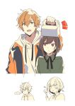  ... 1boy 1girl ap_bar bow braid brother_and_sister brown_eyes brown_hair closed_mouth collared_shirt eating highres holding hood hoodie jacket long_sleeves multicolored_hair open_mouth orange_hair pastry_box pout project_sekai shinonome_akito shinonome_ena shirt short_hair siblings simple_background spoken_ellipsis streaked_hair upper_body 