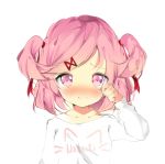  ayadrevismad blush character_name clothes_writing commentary doki_doki_literature_club english_commentary hair_ornament hair_ribbon hairclip heart heart-shaped_pupils looking_at_viewer natsuki_(doki_doki_literature_club) nose_blush pink_eyes pink_hair red_ribbon ribbon rubbing_eyes short_hair simple_background sketch smile solo symbol-shaped_pupils tears two_side_up white_background 