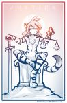  2018 :3 anthro blindfold breasts card chest_tuft claws crossed_legs digitigrade english_text featureless_breasts featureless_crotch feline female flora_(twokinds) fur gradient_background hair hi_res holding_object keidran mammal melee_weapon monochrome nude parody pillar scale scales simple_background sitting sketch smile solo striped_fur stripes sword tarot_card text tiger tom_fischbach tuft twokinds weapon webcomic 
