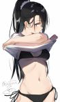  artist_name bikini black_hair blue_eyes blush breasts cleavage commentary cowboy_shot crossed_arms hair_over_one_eye highres isshiki_(ffmania7) long_hair medium_breasts navel original ponytail profile shirt shirt_lift side-tie_bikini simple_background sketch solo swimsuit t-shirt twitter_username white_background 