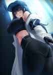  1girl :o absurdres armband ass bare_shoulders baseball_cap black_armband black_gloves black_hair black_headwear black_pants blue_archive blue_eyes breasts commentary english_commentary from_below gloves halo halterneck hat highres jacket kuutamo large_breasts long_hair looking_at_viewer midriff off_shoulder open_clothes open_jacket open_mouth pants saori_(blue_archive) solo sweat thick_thighs thighs white_halo white_jacket 