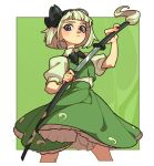  1girl black_bow black_bowtie blue_eyes bob_cut bow bowtie collared_shirt cowboy_shot drawing_sword frilled_skirt frills green_skirt green_theme green_vest grey_hair hitodama_print holding holding_sword holding_weapon katana konpaku_youmu puffy_short_sleeves puffy_sleeves scabbard sheath shirt short_hair short_sleeves skirt soemy sword touhou vest weapon white_shirt 