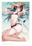  1girl barefoot black_hair breasts demon_girl demon_tail hat highres long_hair looking_at_viewer mignon navel original pointy_ears purple_eyes simple_background small_breasts solo stomach swimsuit tail thighs toes 