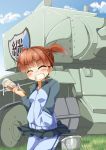  blue_shirt brown_hair bt-42 bucket closed_eyes cloud commentary_request day emblem girls_und_panzer grass ground_vehicle jacket keizoku_(emblem) keizoku_military_uniform mikko_(girls_und_panzer) military military_uniform military_vehicle motor_vehicle paint shirt sky smile syuutu tank uniform 