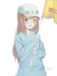  :d ano54 bangs blue_shirt blush brown_eyes brown_hair commentary eyebrows_visible_through_hair flag flat_cap hair_between_eyes hat hataraku_saibou highres holding holding_flag long_hair long_sleeves looking_at_viewer open_mouth platelet_(hataraku_saibou) round_teeth shirt signature simple_background sleeves_past_wrists smile solo teeth translation_request upper_teeth very_long_hair white_background white_hat 