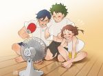  2boys animated animated_gif barefoot blue_hair blush boku_no_hero_academia brown_hair closed_eyes electric_fan fan fanning_face fanning_self freckles glasses green_hair grimmy666666 holding holding_fan hot iida_tenya kneeling midoriya_izuku multiple_boys shirt shirt_lift short_sleeves sitting sweat t-shirt tan tank_top toned toned_male uraraka_ochako white_shirt 