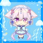  1girl animal_ears blue_background blue_dress blue_footwear blush character_request chibi closed_mouth commentary_request dress eyes_visible_through_hair frilled_dress frills full_body hair_over_one_eye hands_up long_sleeves lump_of_sugar pink_hair puffy_long_sleeves puffy_sleeves purple_eyes ryuuka_sane shoes sleeves_past_wrists smile socks solo white_socks 