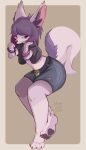 2023 4_toes absurd_res anthro barefoot canid canine clothed clothing dated digital_media_(artwork) feet fox fur hair hi_res inner_ear_fluff mammal midriff pawpads purple_body purple_fur purple_hair signature simple_background solo toes tohupo tuft