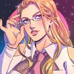  1girl blonde_hair close-up earrings ellie_mehl english_commentary eyelashes glasses jewelry kalifa_(one_piece) long_hair looking_to_the_side necktie one_piece one_piece_film:_red pink_lips pink_nails pink_necktie sidelocks solo sparkle 