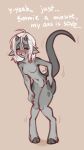 anthro bigmoon206 blush breasts claws ears_down eyes_closed female grey_body grey_scales hair hi_res hooves horn hybrid kobold kuki markings nude pivoted_ears scales small_breasts smile solo spots spotted_markings standing text white_hair