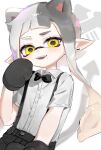  1girl black_bow black_bowtie black_gloves black_pants bow bowtie collar commentary cosplay earrings gloves grey_hair highres inkling inkling_girl jewelry judd_(splatoon) judd_(splatoon)_(cosplay) long_hair multicolored_hair open_mouth pants pointy_ears shirt smile solo splatoon_(series) splatoon_3 suspenders symbol-only_commentary teeth tentacle_hair two-tone_hair upper_teeth_only white_background white_collar white_hair white_shirt yellow_eyes yomeniwan 