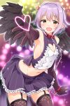  1girl armpits bare_shoulders belt belt_collar black_feathers blurry blurry_background blush breasts brown_gloves chain cleavage_cutout clothing_cutout collar cowboy_shot dot_nose elbow_gloves fake_wings feathered_wings feathers fishnet_thighhighs fishnets frilled_skirt frills garter_straps gloves groin hair_flaps hair_intakes hair_ornament heart heart_cutout idolmaster idolmaster_cinderella_girls idolmaster_cinderella_girls_starlight_stage koshimizu_sachiko leaning_forward looking_at_viewer meme_attire miniskirt multicolored_background navel open_hand open_mouth purple_hair purple_skirt reaching reaching_towards_viewer red_belt shirt short_hair sideboob skirt small_breasts smile solo sparkle standing striped striped_shirt thighhighs trente vertical-striped_shirt vertical_stripes virgin_killer_outfit wings wrist_belt yellow_eyes zettai_ryouiki 