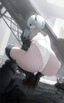  1girl 2b_(nier:automata) absurdres ass back_cutout black_blindfold black_footwear black_hairband blindfold boots clothing_cutout covered_eyes day feather-trimmed_sleeves from_behind hairband high_heel_boots high_heels highres kikiis_art leotard nier:automata nier_(series) outdoors short_hair solo squatting thigh_boots white_hair white_leotard 