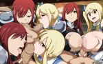  1boy 2girls absurdres blonde_hair breasts breasts_out brown_eyes cooperative_fellatio cooperative_paizuri erza_scarlet fairy_tail fellatio ffm_threesome group_sex hetero highres large_breasts long_hair lucy_heartfilia multiple_girls multiple_views nipples open_mouth oral orphen_(pink_seito) paizuri red_hair side_ponytail smile testicle_sucking threesome uncensored 
