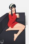  1girl absurdres ass bare_shoulders barefoot black_hair breasts censored_feet closed_mouth collarbone commentary couch cup dangle_earrings earrings eyelashes feet full_body grey_background hairband hand_up highres holding holding_cup jewelry knees_together_feet_apart l4wless large_breasts legs long_sleeves looking_at_viewer no_pants off-shoulder_sweater off_shoulder on_couch red_eyes red_sweater short_hair_with_long_locks sidelocks signature simple_background sitting smile soles solo spy_x_family sweater toes underwear white_hairband yor_briar 