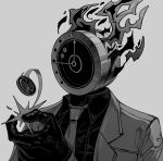  1other clock coat coin coin_flip collared_shirt dante_(limbus_company) fire greyscale hand_up highres limbus_company long_sleeves maskv monochrome necktie object_head project_moon shirt simple_background solo wing_collar 