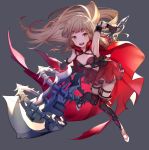  723_(tobi) :d blonde_hair boots cape center_opening check_artist commentary_request eyebrows_visible_through_hair grey_background highres holding holding_weapon huge_weapon little_red_riding_hood_(sinoalice) long_hair looking_at_viewer mace navel open_mouth sinoalice smile thigh_boots thighhighs weapon yellow_eyes 