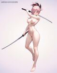  1girl asymmetrical_hair aztodio breasts censored closed_mouth commentary completely_nude earrings fate_(series) full_body grey_background grey_eyes holding holding_sword holding_weapon jewelry katana looking_at_viewer medium_breasts medium_hair miyamoto_musashi_(fate) mosaic_censoring multiple_swords navel nipples nude patreon_username pink_hair pussy single_sidelock solo sword weapon 