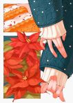  1girl adjusting_clothes beads blue_jacket commentary fingerless_gloves flower food_request gloves highres jacket original out_of_frame outside_border pinching_sleeves plant_focus poinsettia simple_background sleeves_past_wrists solo sweater trym_hinano white_background white_sweater 