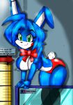 2015 animatronic anthro bent_over blue_hair bow_(feature) chart digital_media_(artwork) female five_nights_at_freddy&#039;s five_nights_at_freddy&#039;s_2 five_nights_in_anime green_eyes hair height_chart hi_res lagomorph leaning leaning_forward leporid machine mammal multicolored_body rabbit robot scottgames solo two_tone_body zhengfox