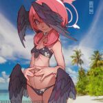  1girl beach bikini black_bikini black_bow black_wings blue_archive blue_sky blurry blurry_background blush bow breasts closed_mouth cloud day floral_print front-tie_bikini_top front-tie_top hair_bow halo head_wings koharu_(blue_archive) koharu_(swimsuit)_(blue_archive) looking_at_viewer low_wings medium_hair navel ocean official_alternate_costume outdoors palm_tree pink_halo sky small_breasts smile solo swimsuit tree twintails web_address wings zhaoyebai 